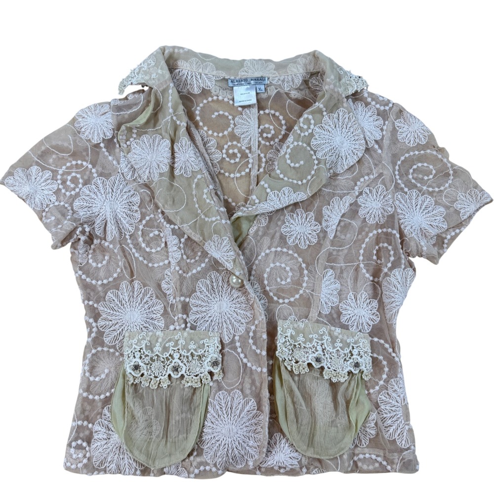 Y2K Alberto Makali Sheer Floral Lace Short Sleeve XL Whimsigoth Fairy Cottage